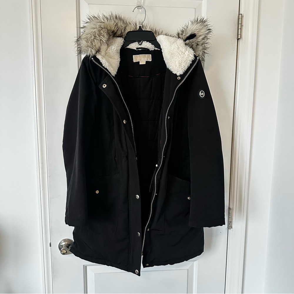 Michael Kors Black Parka Coat with Faux Fur Hood